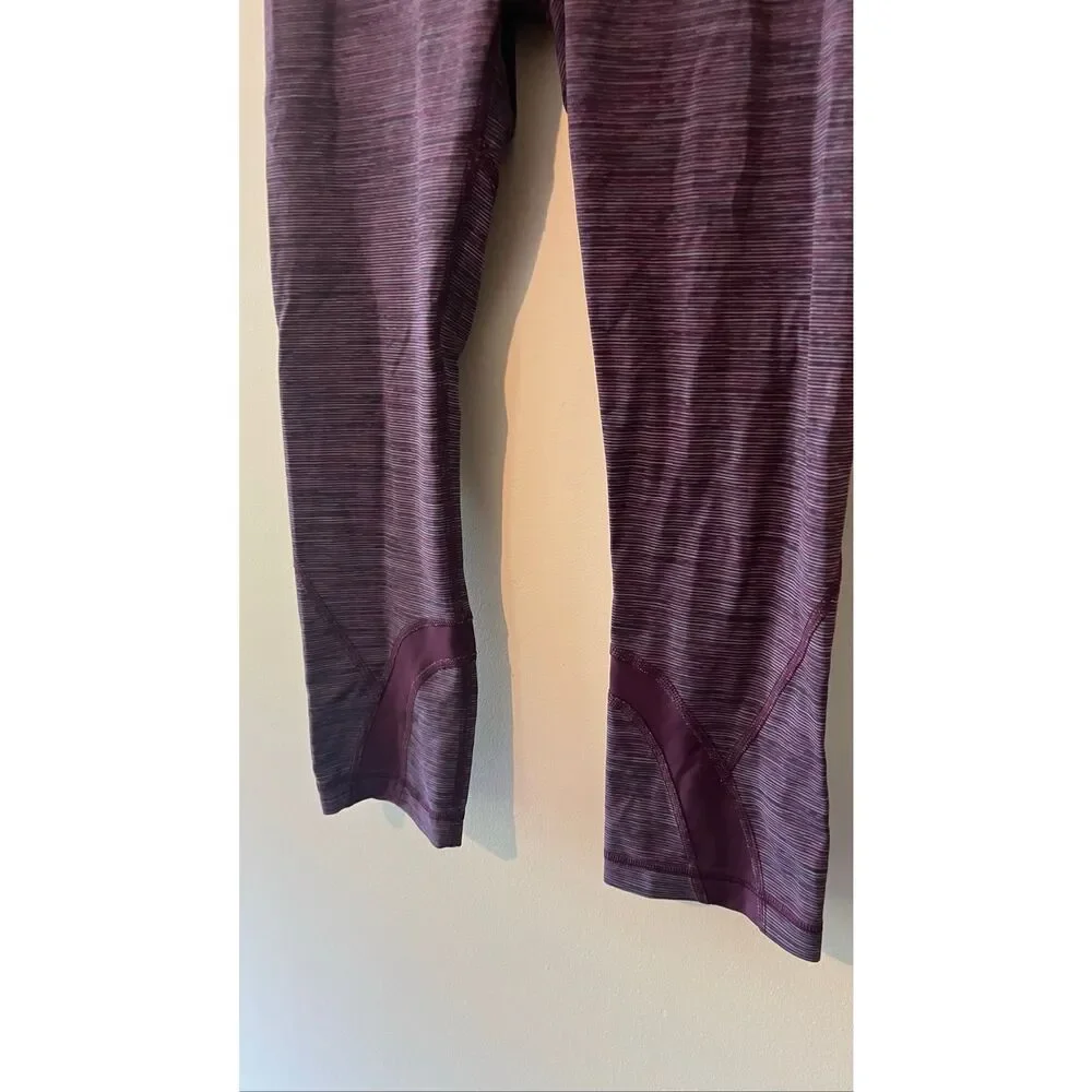 Lululemon Run Inspire Crop II Leggings Purple Striped Size 8 Zipper Pocket